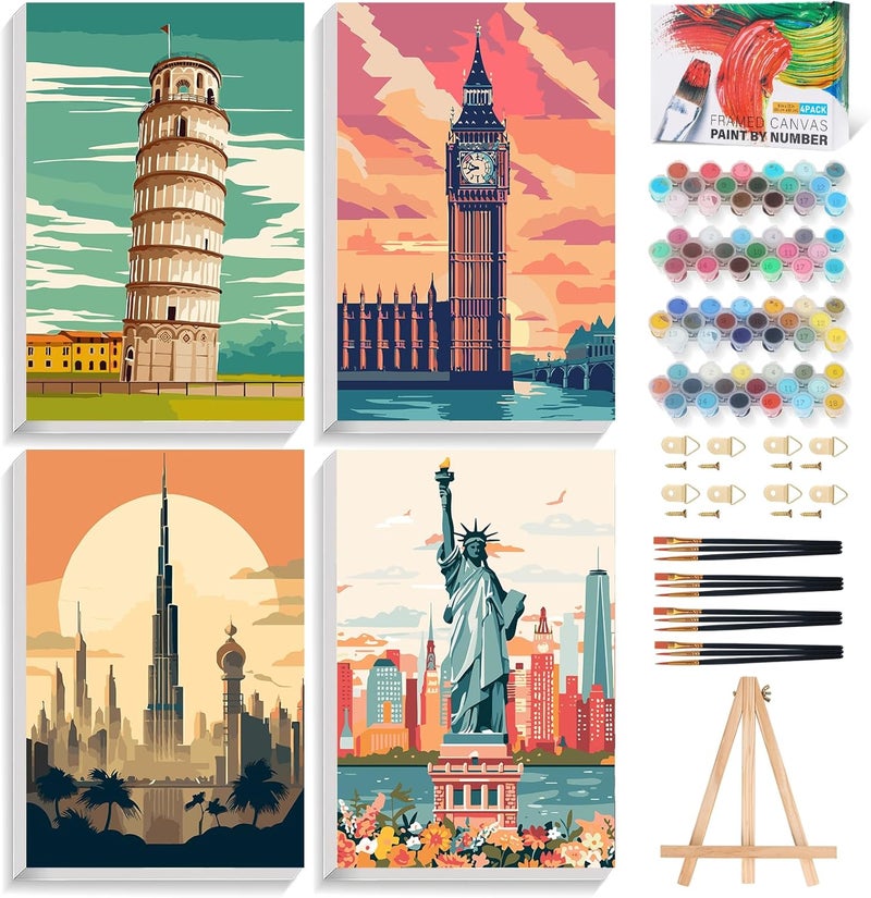 Offito 4 Pack Framed Paint by Numbers Kit for Adults Beginners with Wooden Easel, Cityscape Easy Paint by Number Kit with Frame, Watercolor Adult Paint by Number Framed Canvas (8 * 12 Inch) - Image 1